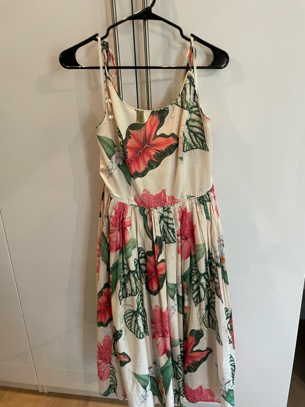 Tori Richard Cream Midi Dress with Pink Floral & Green Leaves